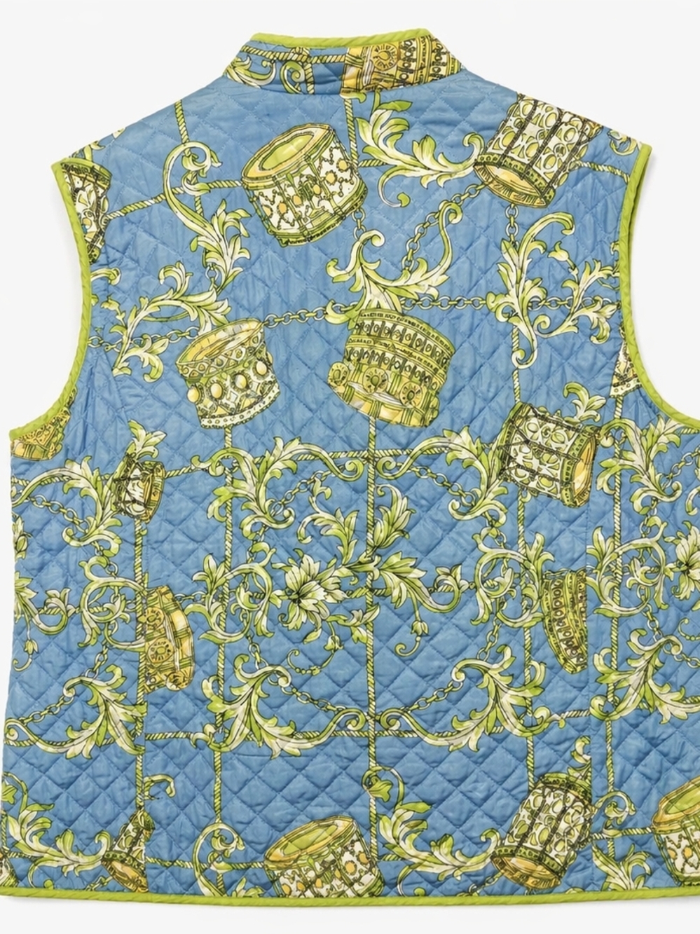 SilkLand 100% Silk Quilted Vest Blue Green Baroque Print 2XL Cottagecore - Picture 3 of 8